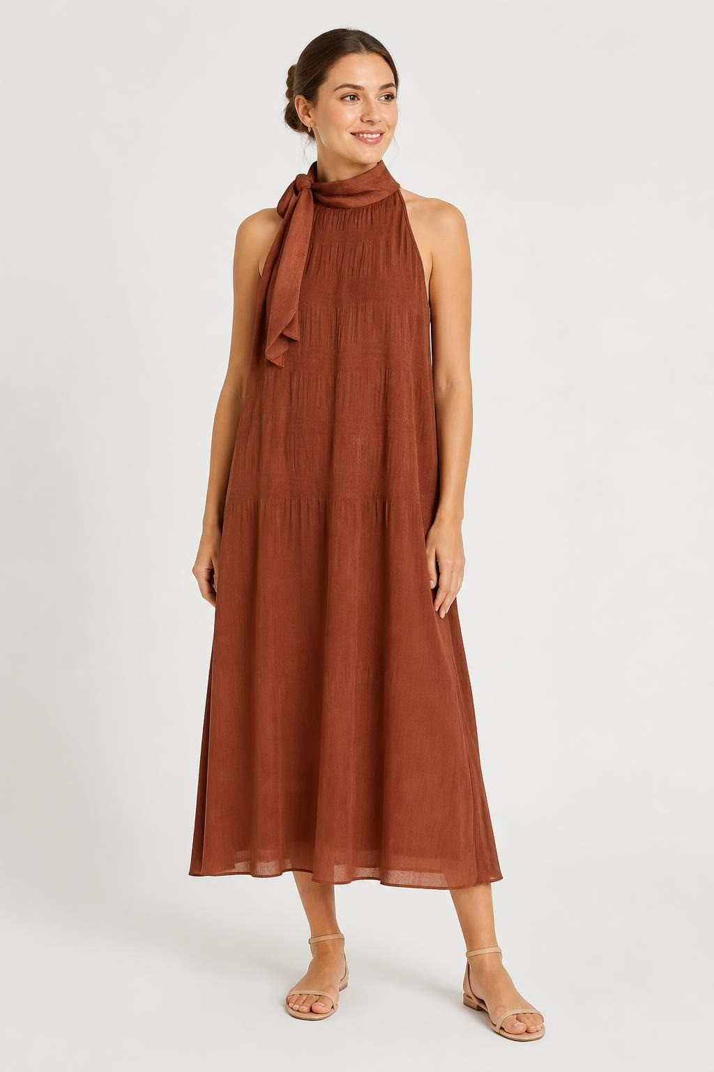 Rust brown halter neck midi dress tie | Pre-Loved | Why Go Less