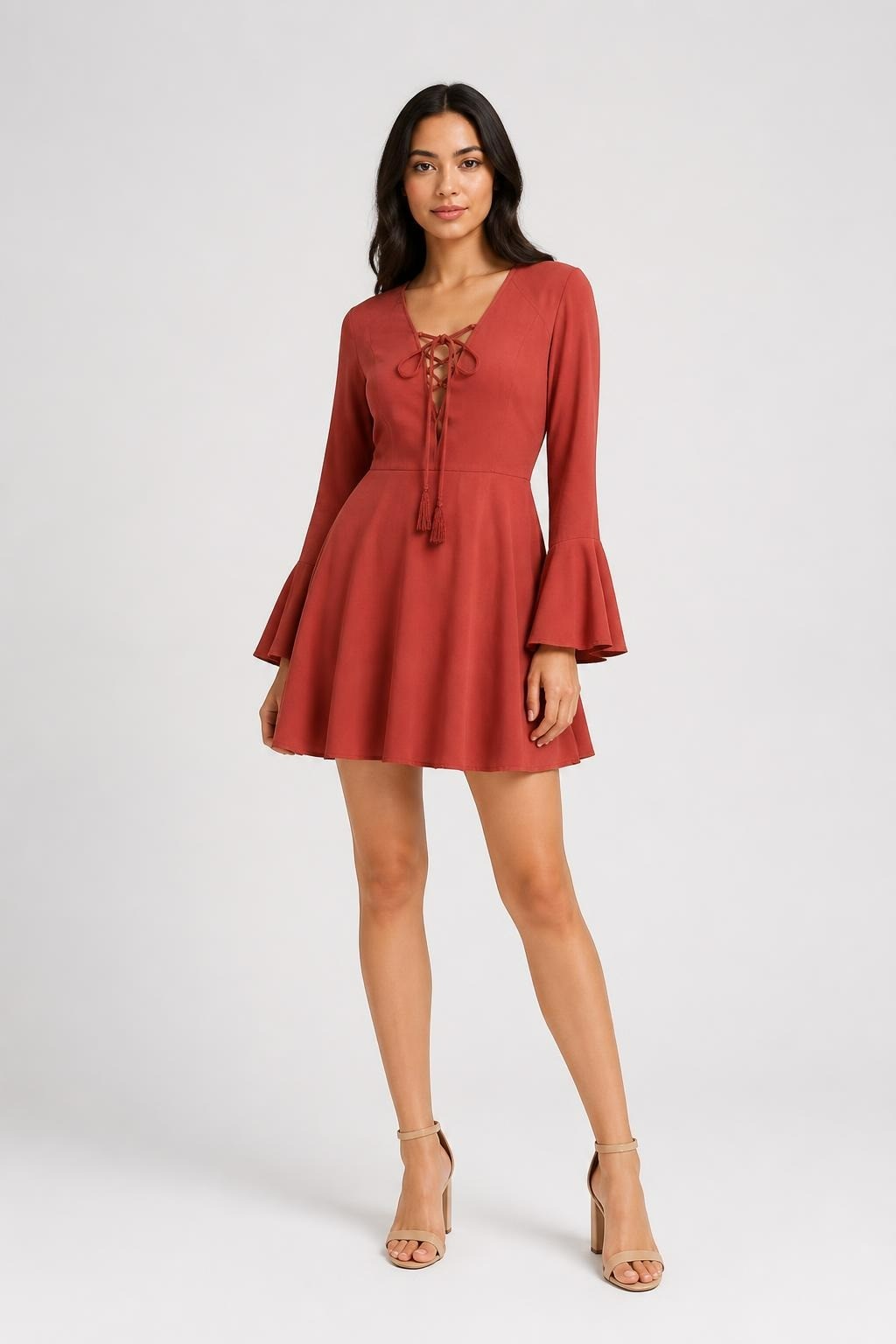 Rust red lace-up flare sleeve mini dress | Pre-Loved | Why Go Less