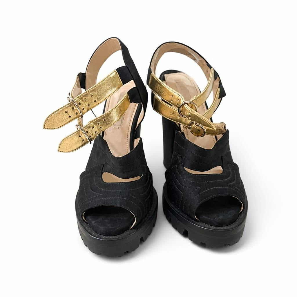 Black & gold platform chunky sandal heels | Pre-Loved | Why Go Less