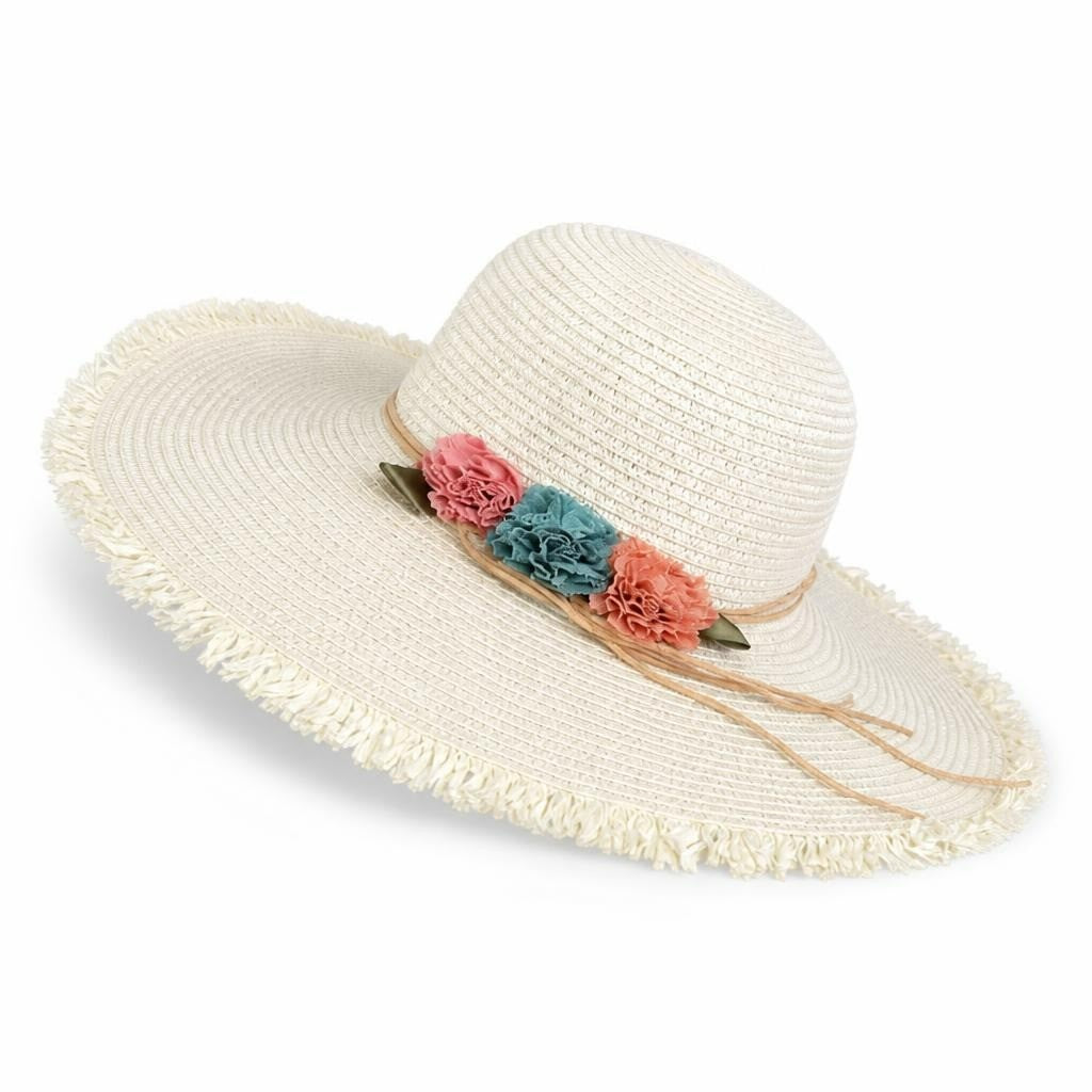 Wide-brim straw sun hat with floral trim, cream | Pre-Loved | Why Go Less