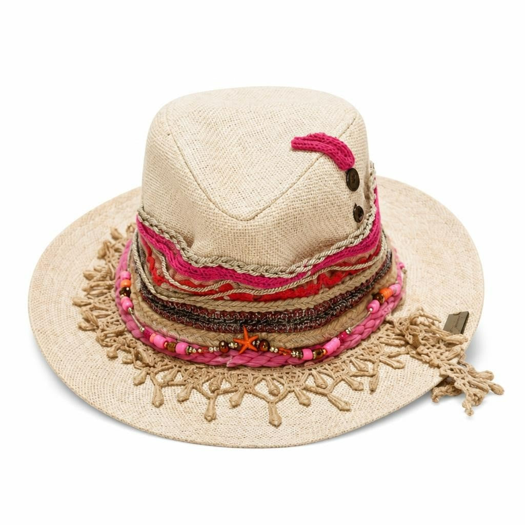 Boho straw fedora with beads & crochet trim | Pre-Loved | Why Go Less