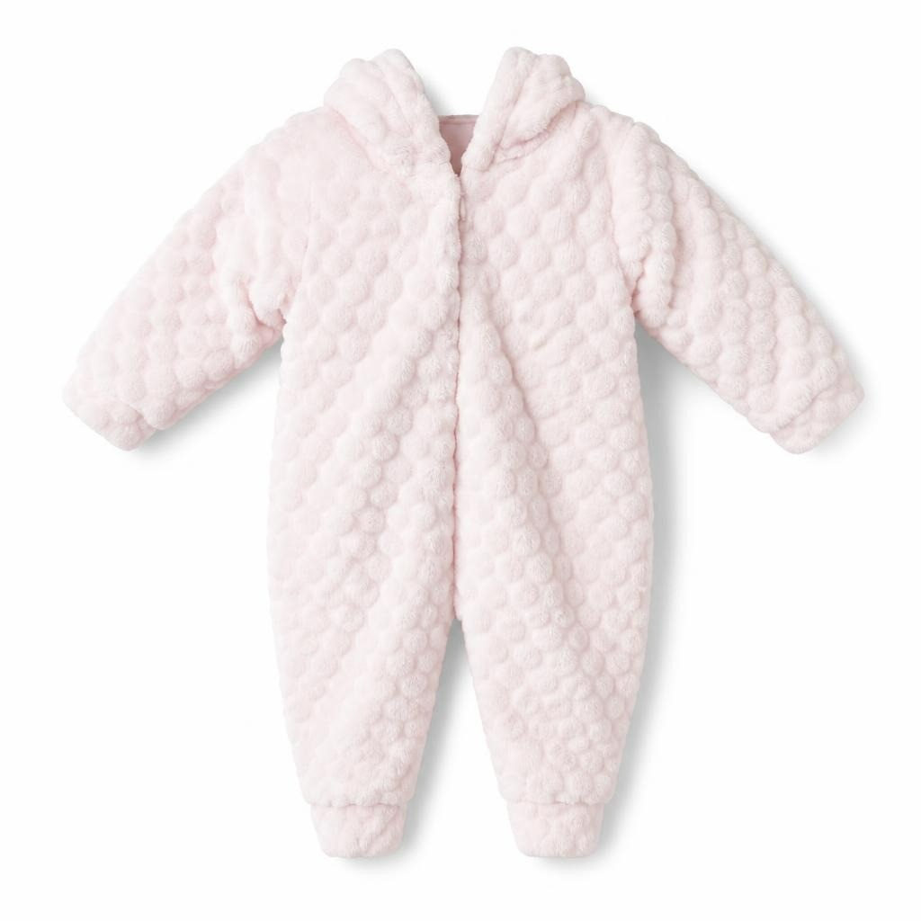 Combinaison de neige bébé en polaire texturée bulle, à capuche, rose clair | Seconde main | Pourquoi moins bien