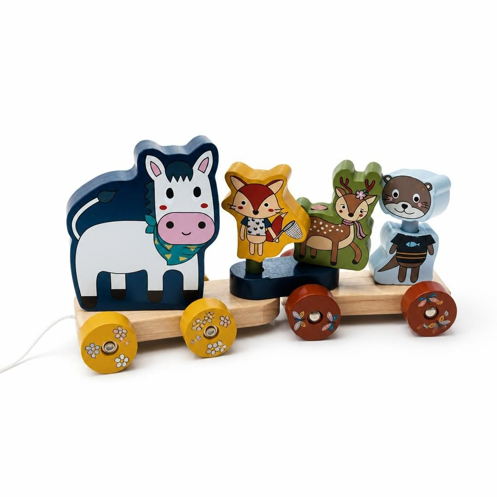 مجموعة ألعاب قطار الحيوانات الخشبية للجر | مستعملة بحالة ممتازة | لماذا ترضى بالأقل؟