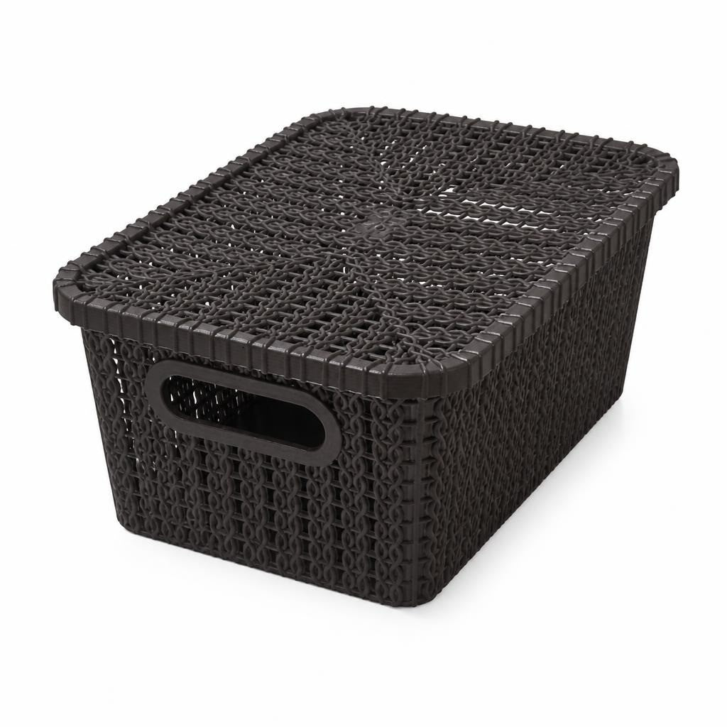 Panier marron foncé en plastique façon rotin avec couvercle | D'occasion | Préservez l'environnement