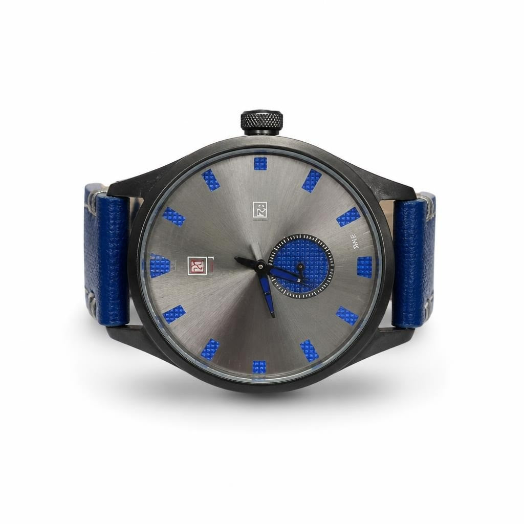 Montre boîtier noir cadran gris bracelet cuir bleu | D'occasion | Pourquoi se contenter de moins