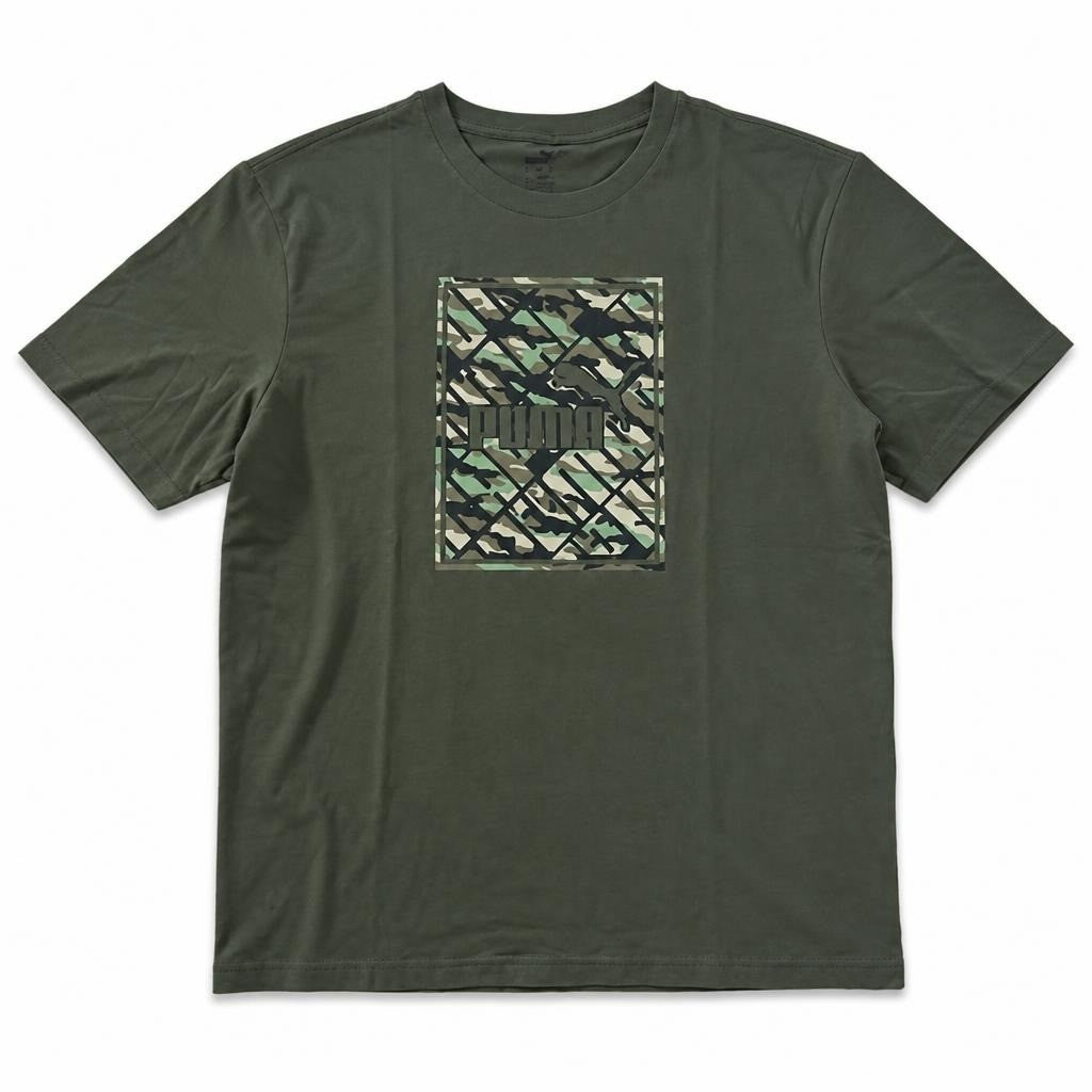 Puma camo print graphic tee, olive green | Pre-Loved | Why Go Less
