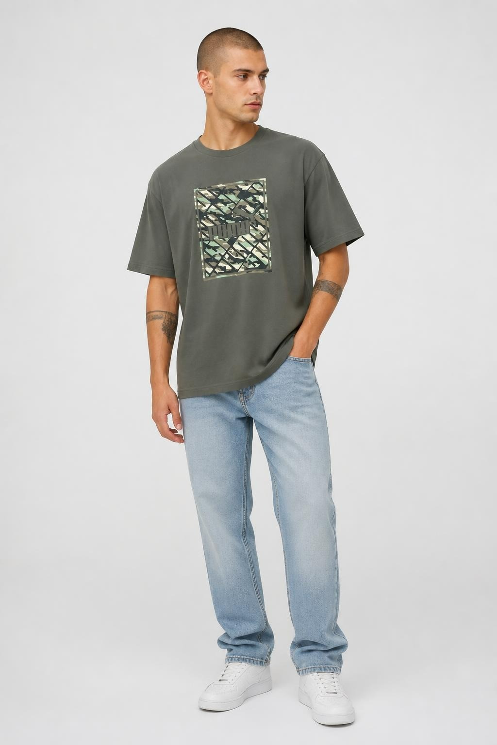 Puma camo print graphic tee, olive green | Pre-Loved | Why Go Less