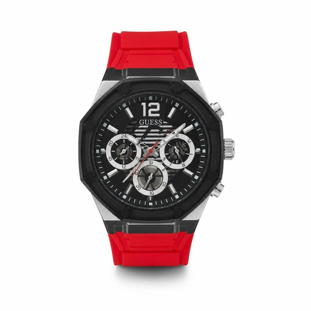 Guess Multifunction Watch, black dial, red strap | Pre-Loved | Why Go Less