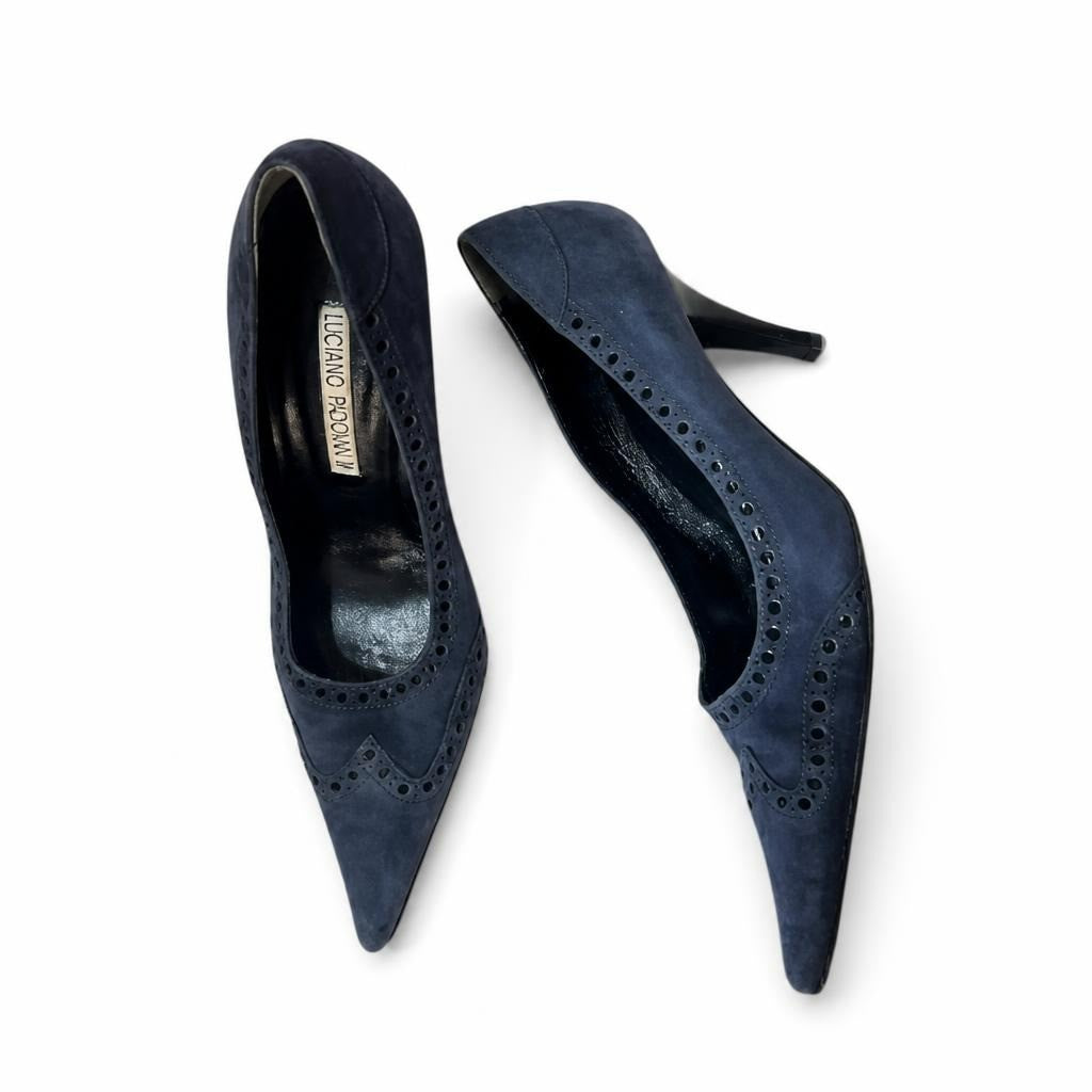 Luciano Padovan Navy Blue Suede Brogue Pointed Heels | Pre-Loved | Why Go Less