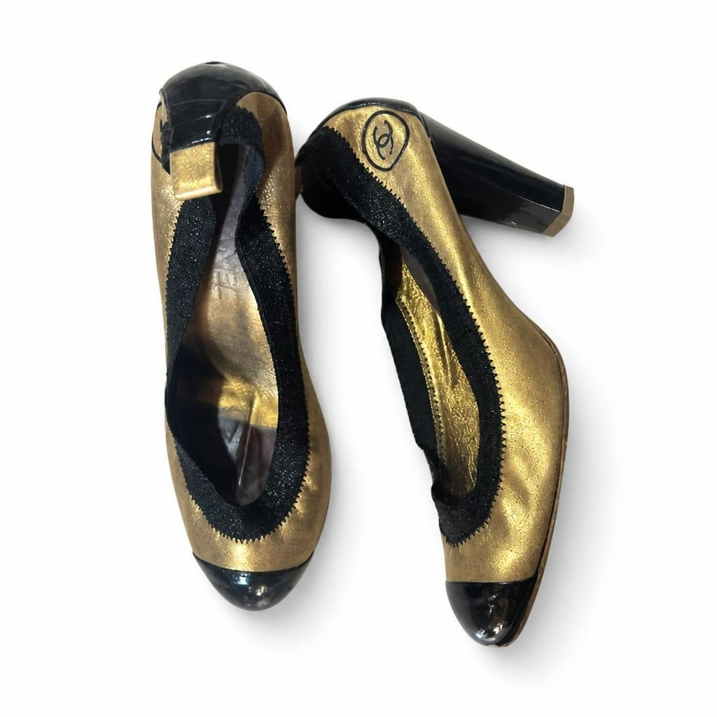 Chanel-Style Gold Black Cap Toe Block Heel Pumps | Pre-Loved | Why Go Less-1