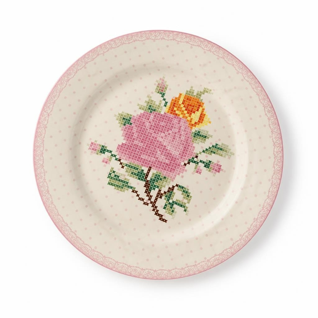 6 Floral Cross-stitch Print Ceramic Plates Set Pink | Pre-Loved | Why Go Less