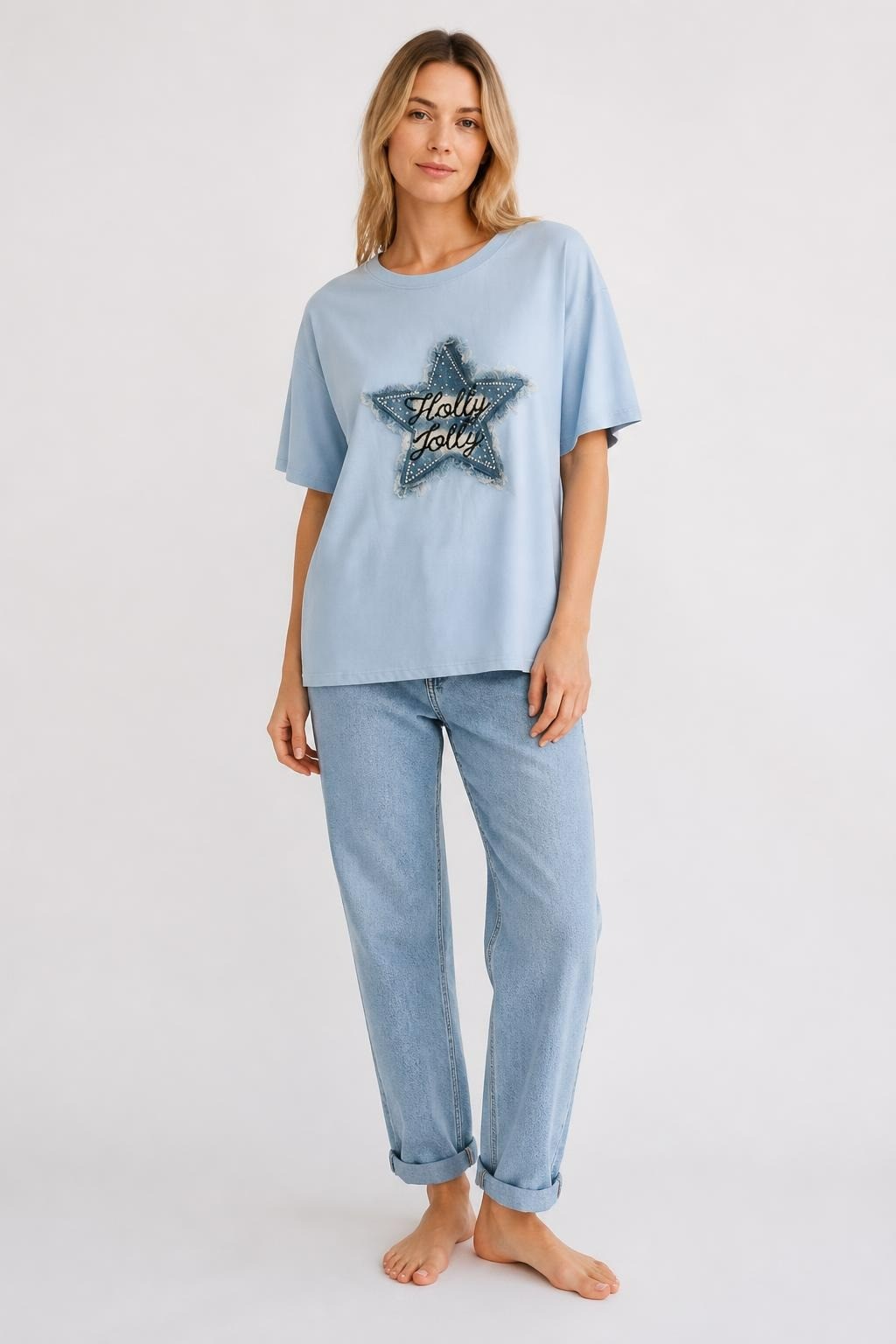 Holly Jolly Star Patch Light Blue Tee | New | Why Go Less-1
