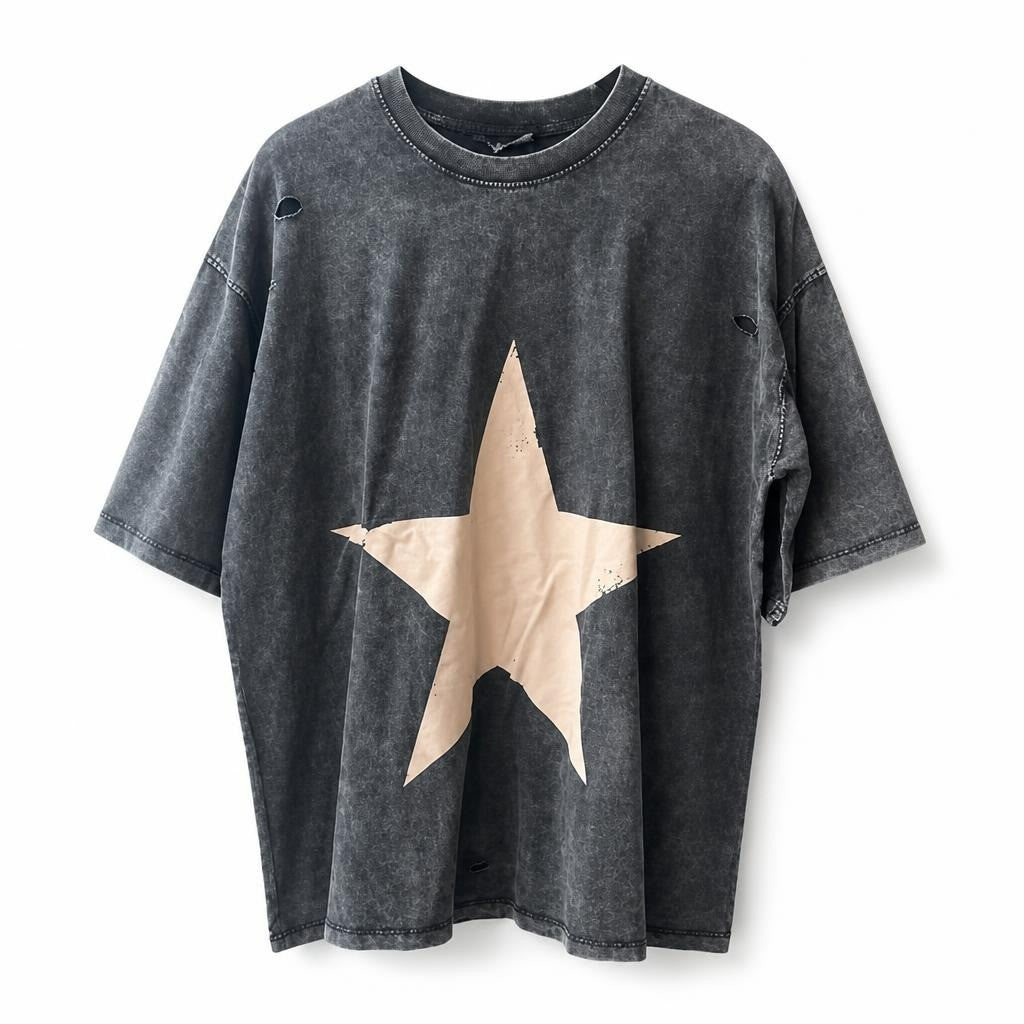 Distressed Acid Wash Oversized Star Tee Grey | New | Why Go Less