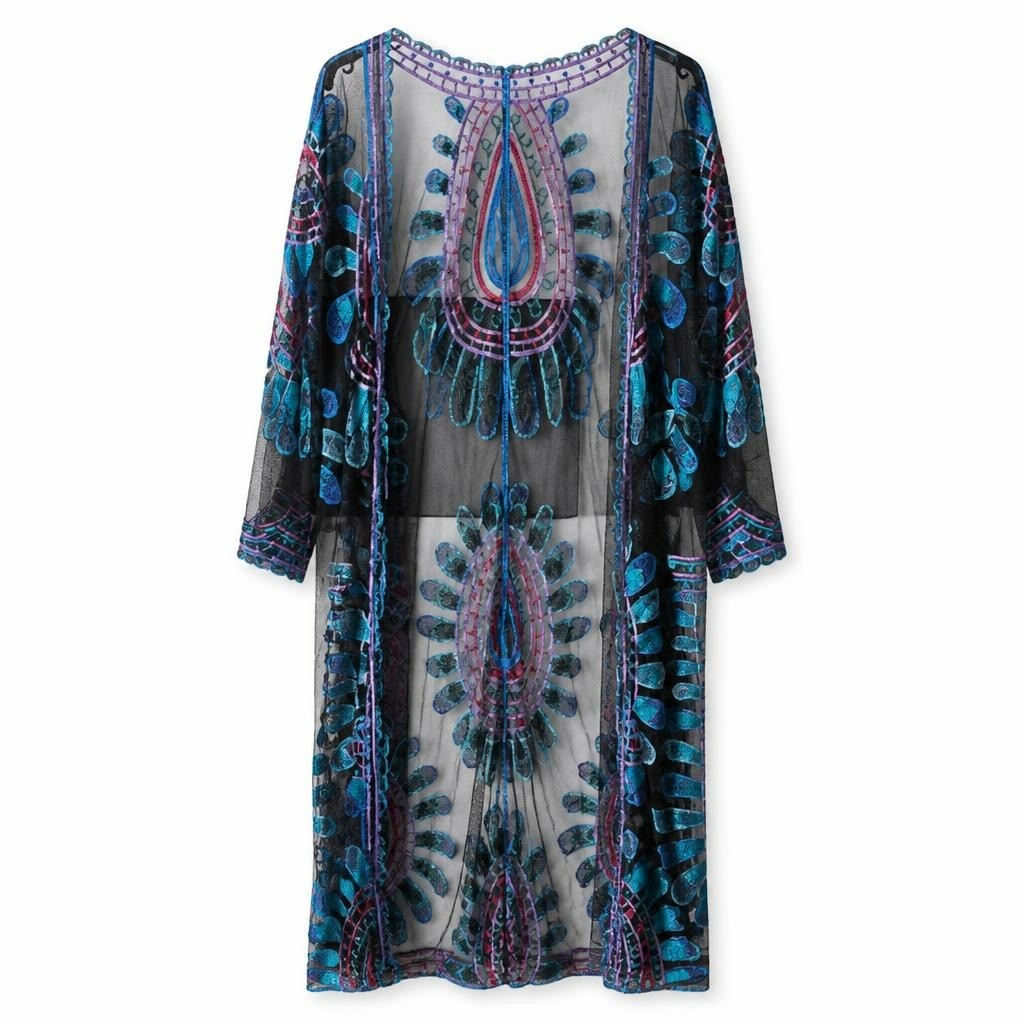 Embroidered Mesh Kimono Duster, Blue Multicolor | New | Why Go Less