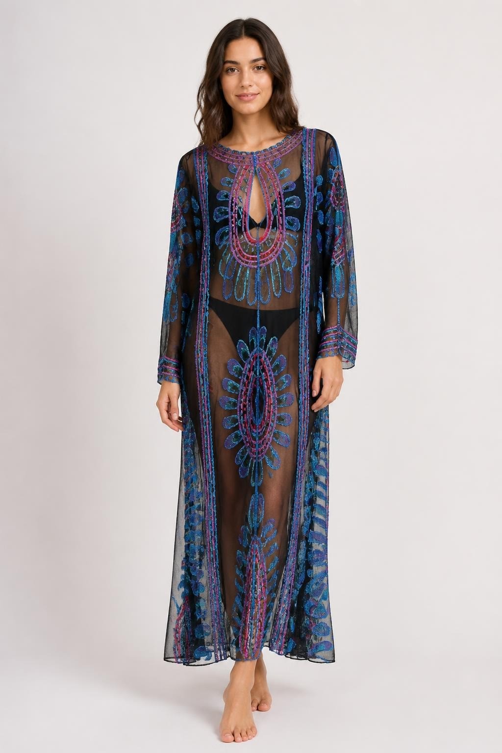 Embroidered Mesh Kimono Duster, Blue Multicolor | New | Why Go Less
