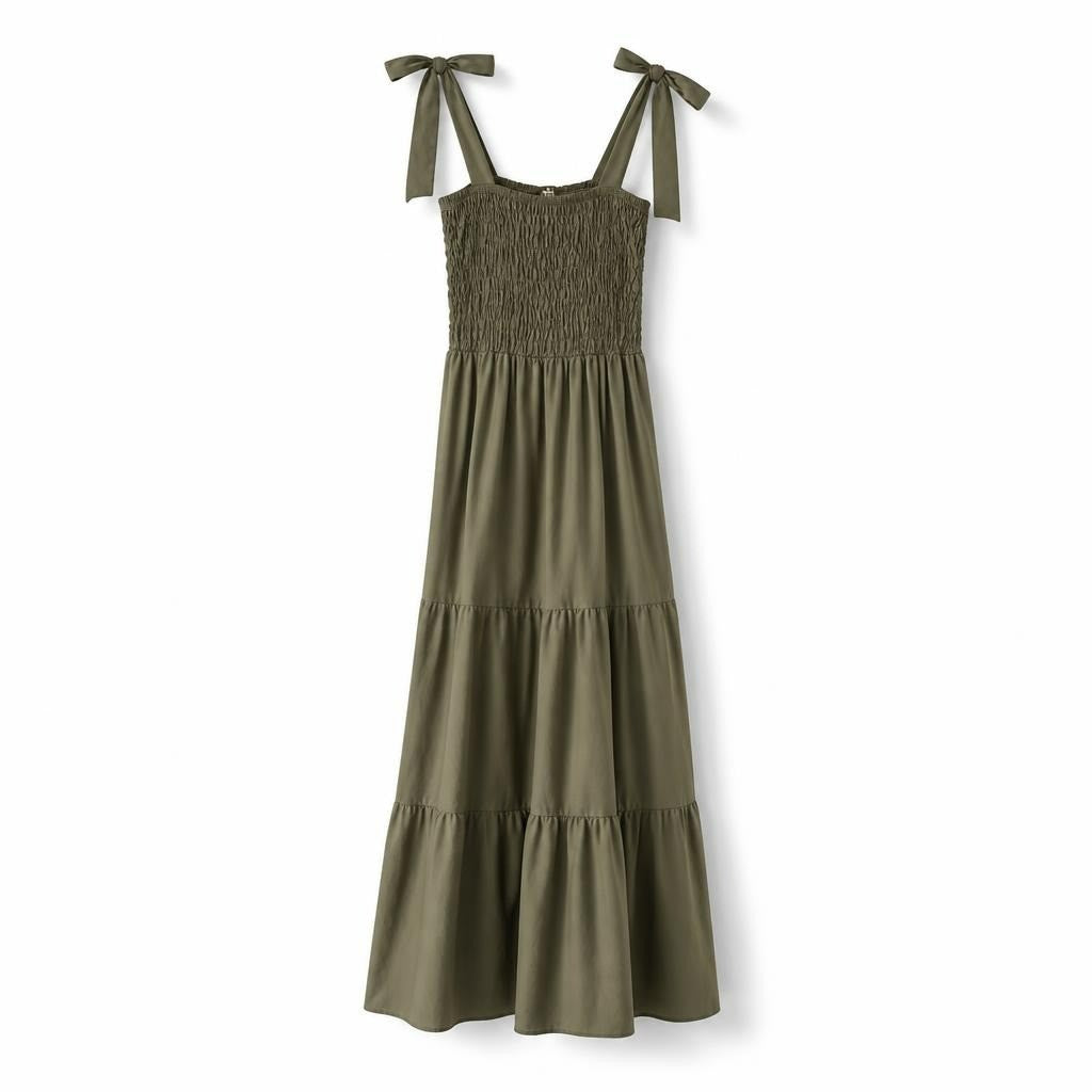 Olive Green Smocked Maxi Dress, Tie Straps | New | Why Go Less-2