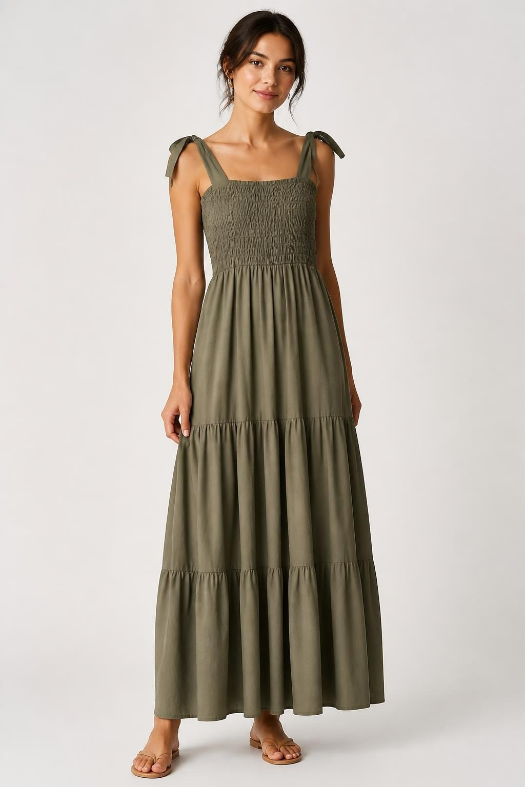 Olive Green Smocked Maxi Dress, Tie Straps | New | Why Go Less