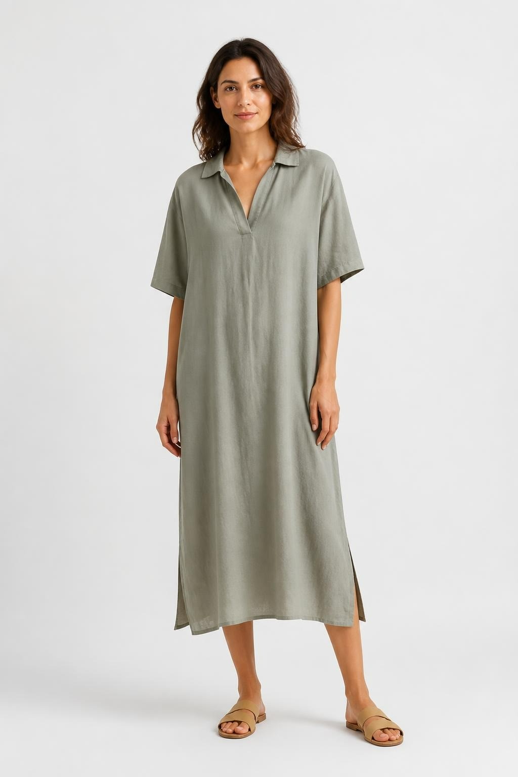 Sage Green Linen-blend Polo Collar Maxi Dress | New | Why Go Less