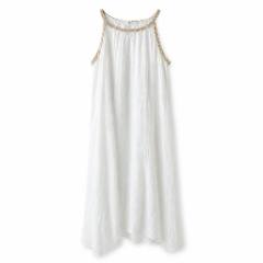 White Linen Halter Midi Dress Beaded Neckline | New | Why Go Less