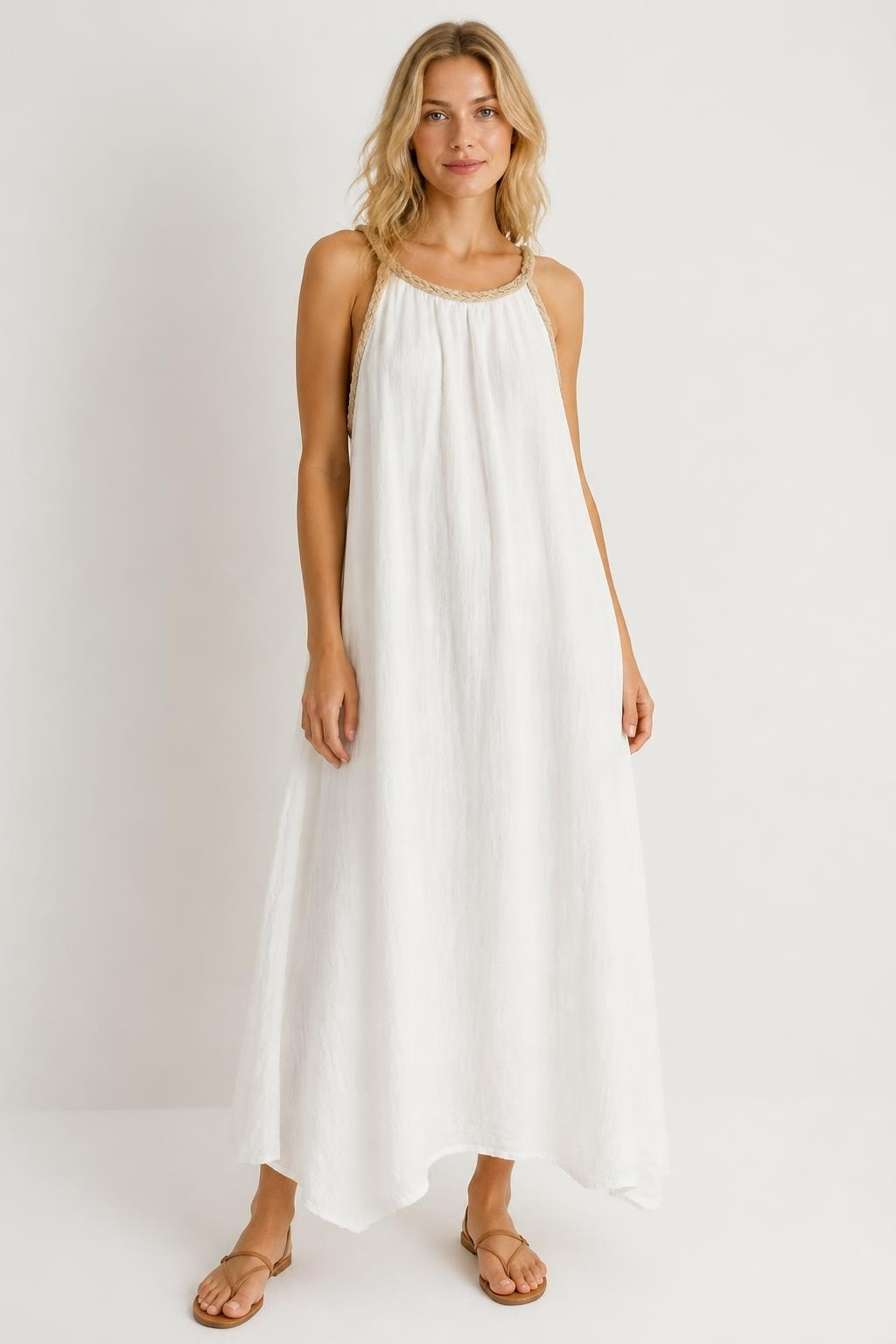 White Linen Halter Midi Dress Beaded Neckline | New | Why Go Less