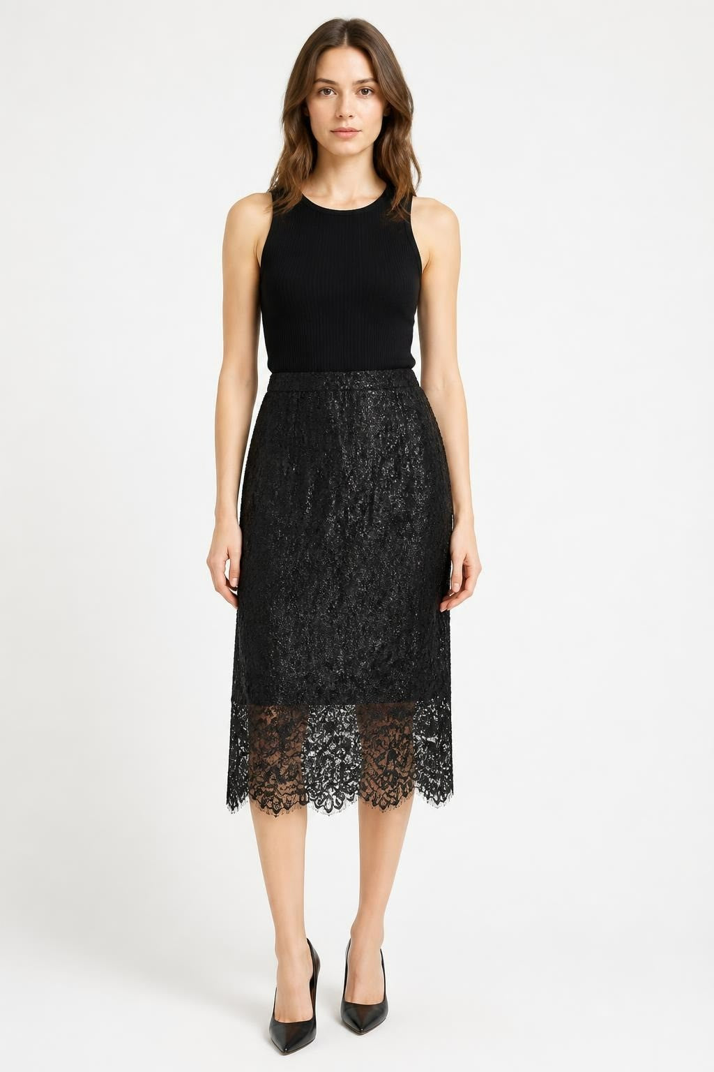 Black Sequin And Lace Hem Midi Skirt | New | Why Go Less