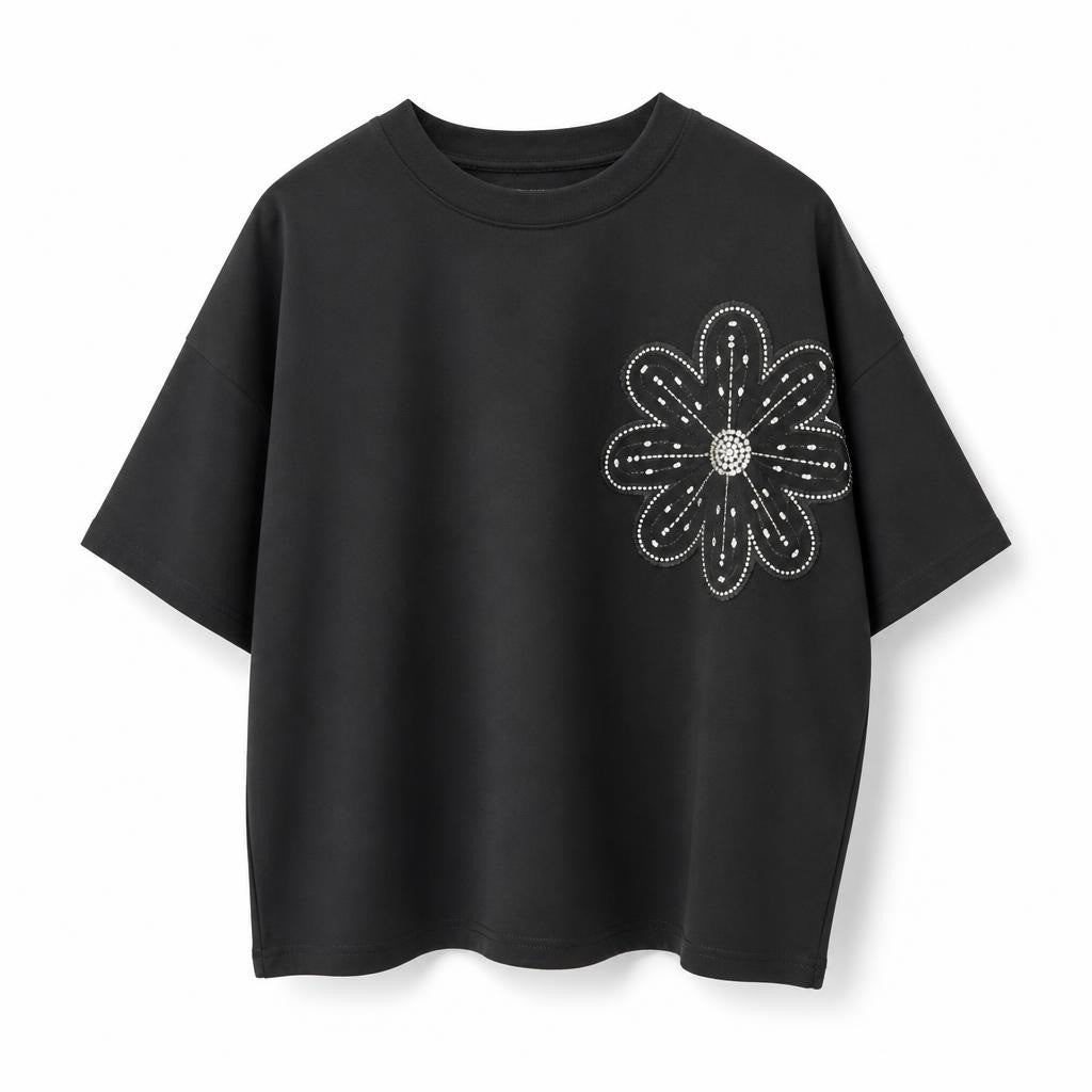 Black Oversized Tee Rhinestone Flower | New | Why Go Less