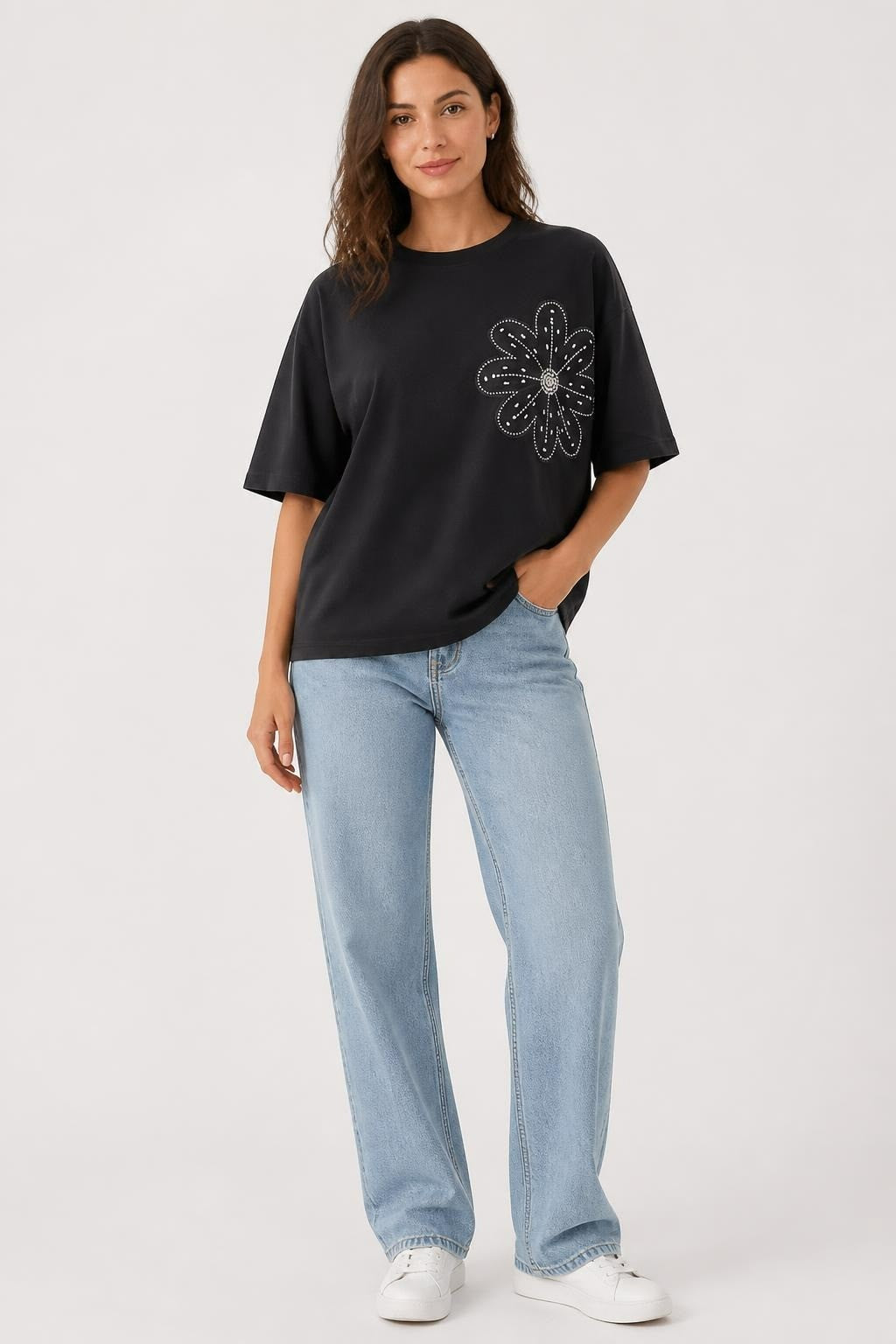 Black Oversized Tee Rhinestone Flower | New | Why Go Less