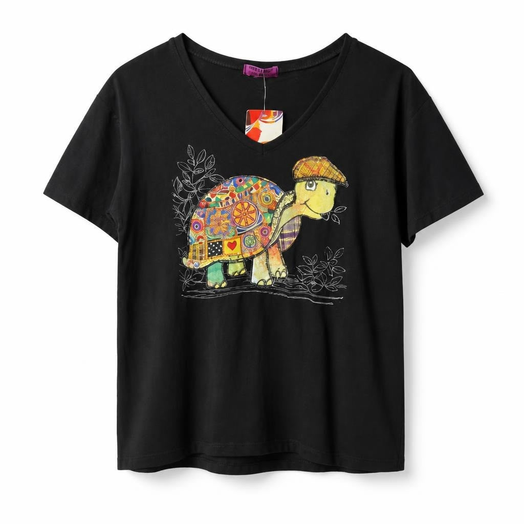 Graphic Turtle Print Black V-Neck Tee | New | Why Go Less