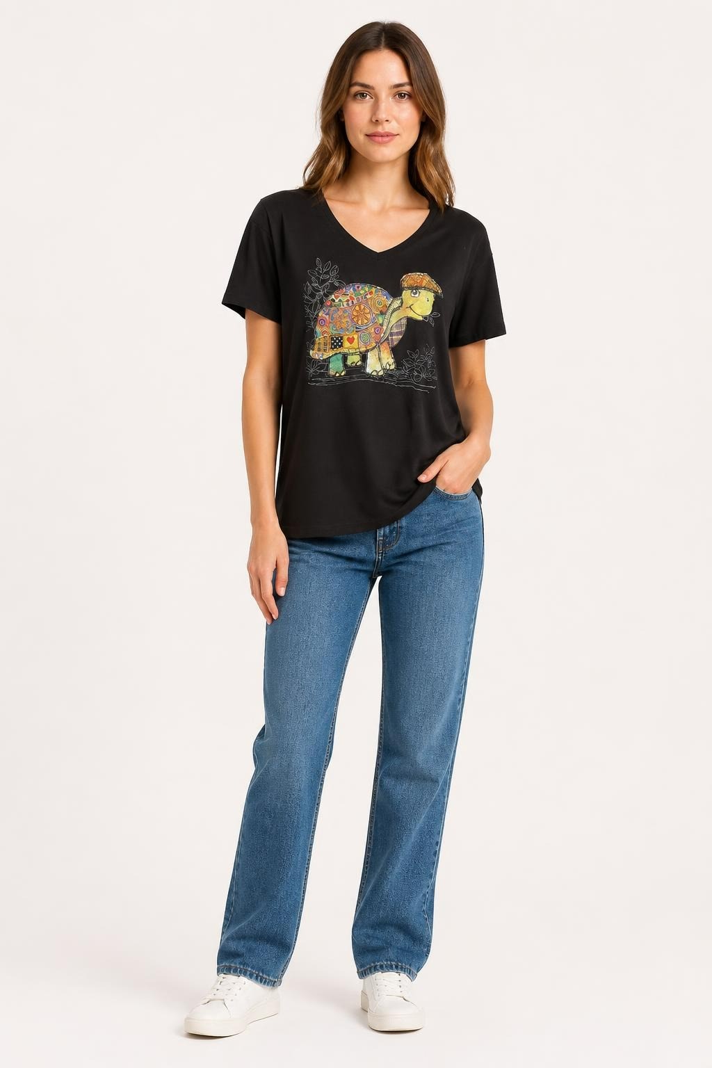 Graphic Turtle Print Black V-Neck Tee | New | Why Go Less