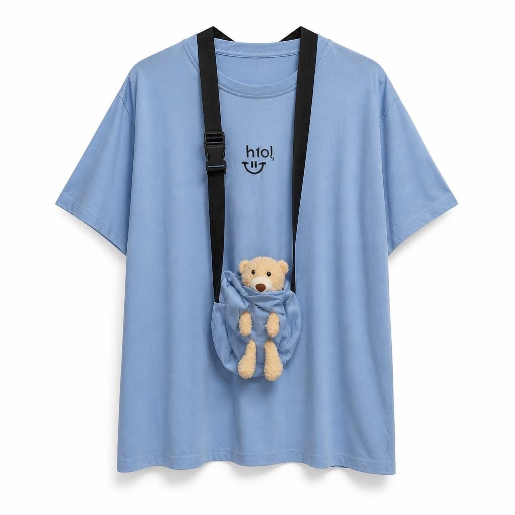 Blue Oversized Tee With Teddy Bear Bag | New | Why Go Less