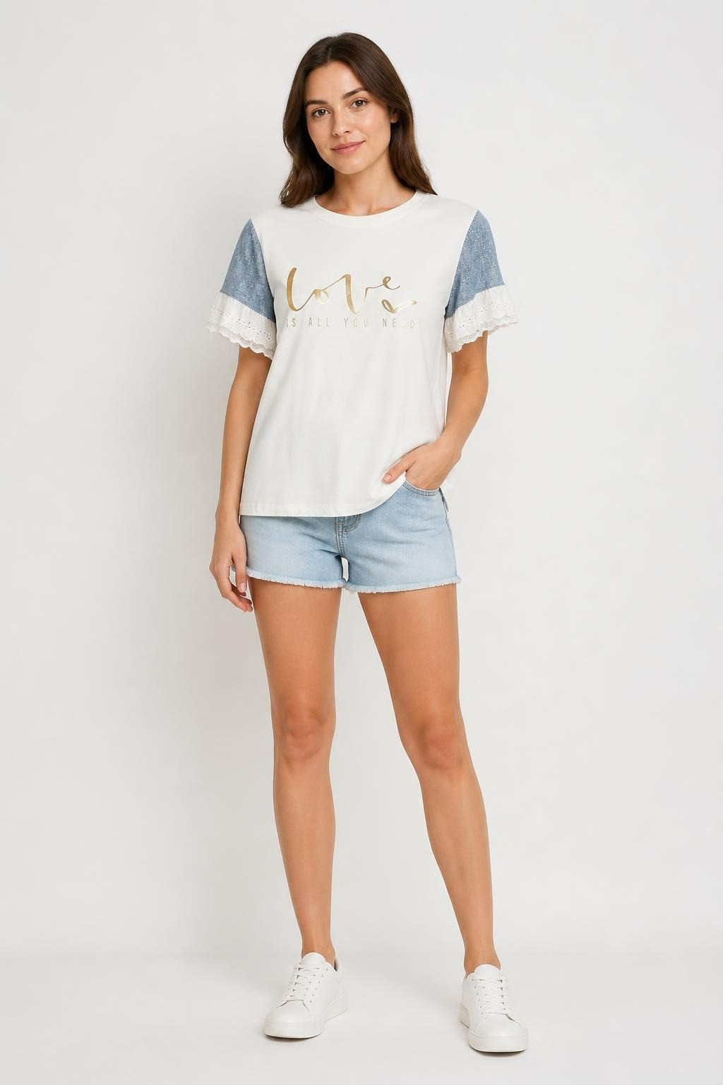 White Love Is All You Need Tee Denim Ruffle Sleeves | New | Why Go Less