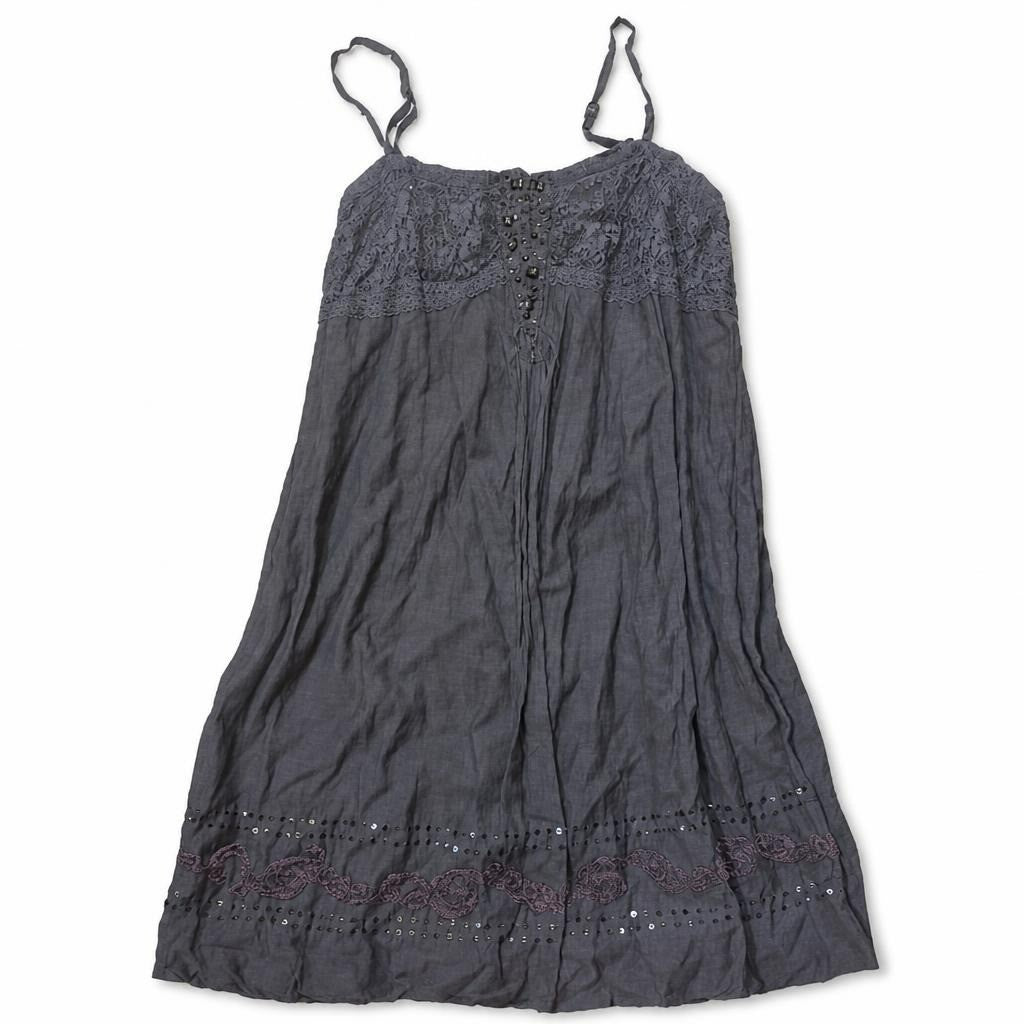 Dark Gray Midi Slip Dress With Lace And Sequins | Pre-Loved | Why Go Less