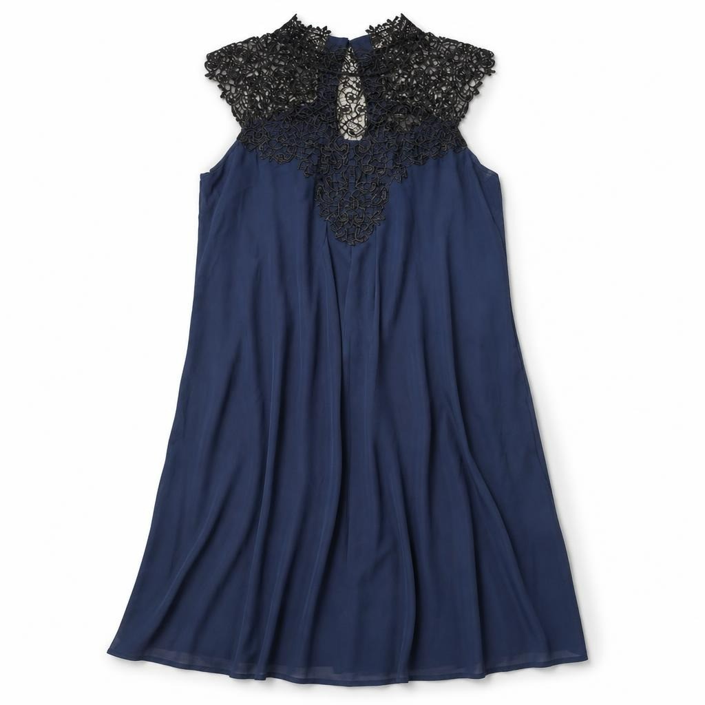 Navy Blue Chiffon Dress With Black Lace Neckline | Pre-Loved | Why Go Less