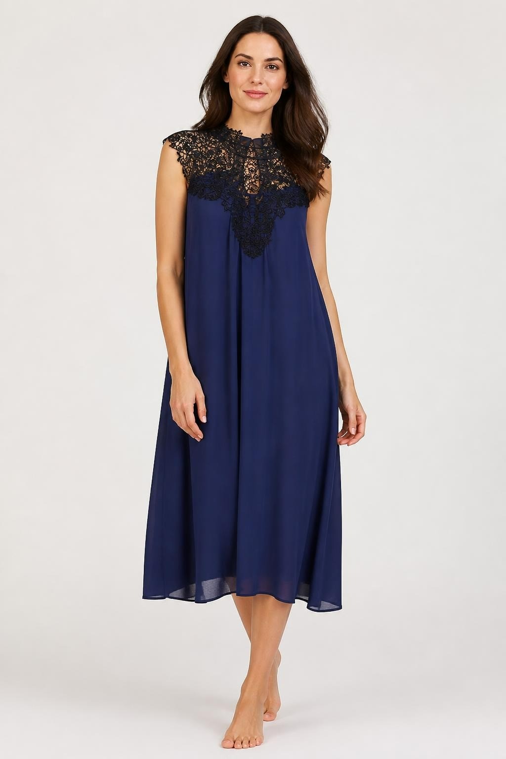 Navy Blue Chiffon Dress With Black Lace Neckline | Pre-Loved | Why Go Less