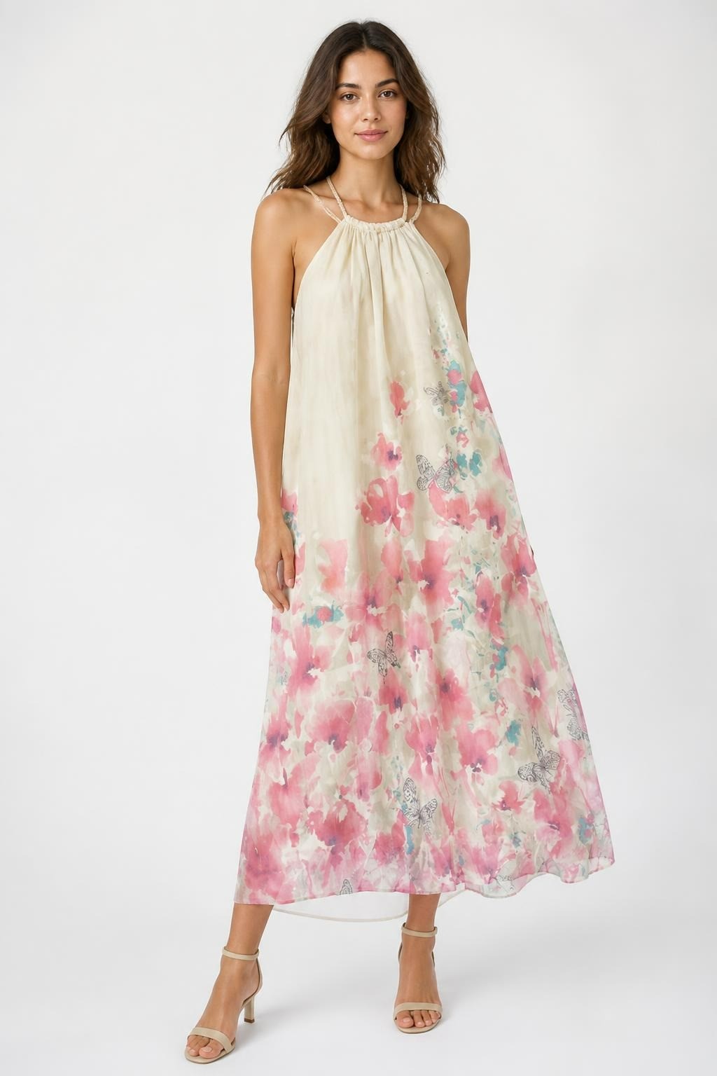 Floral Butterfly Print Halter Sundress Pastel | Pre-Loved | Why Go Less