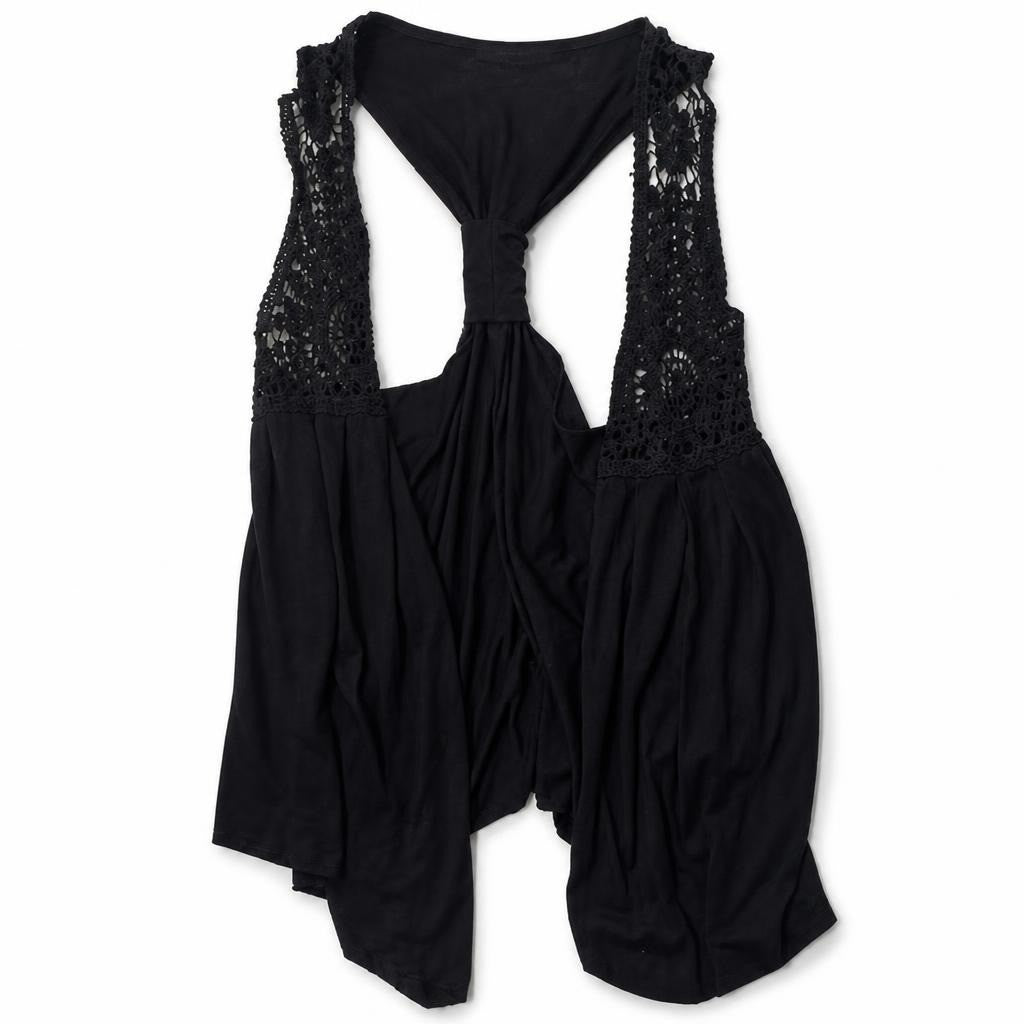 Black Crochet Panel Open-Front Vest Cardigan | Pre-Loved | Why Go Less