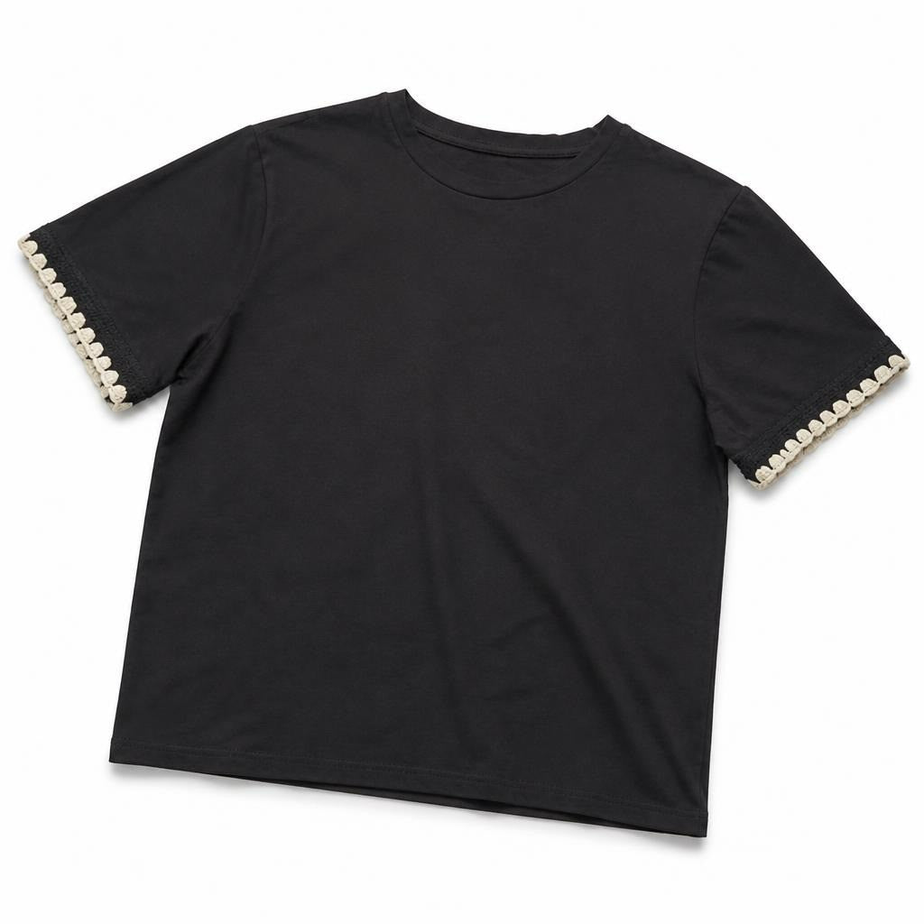 Black Cotton Top With Decorative Trim On Sleeves | Pre-Loved | Why Go Less