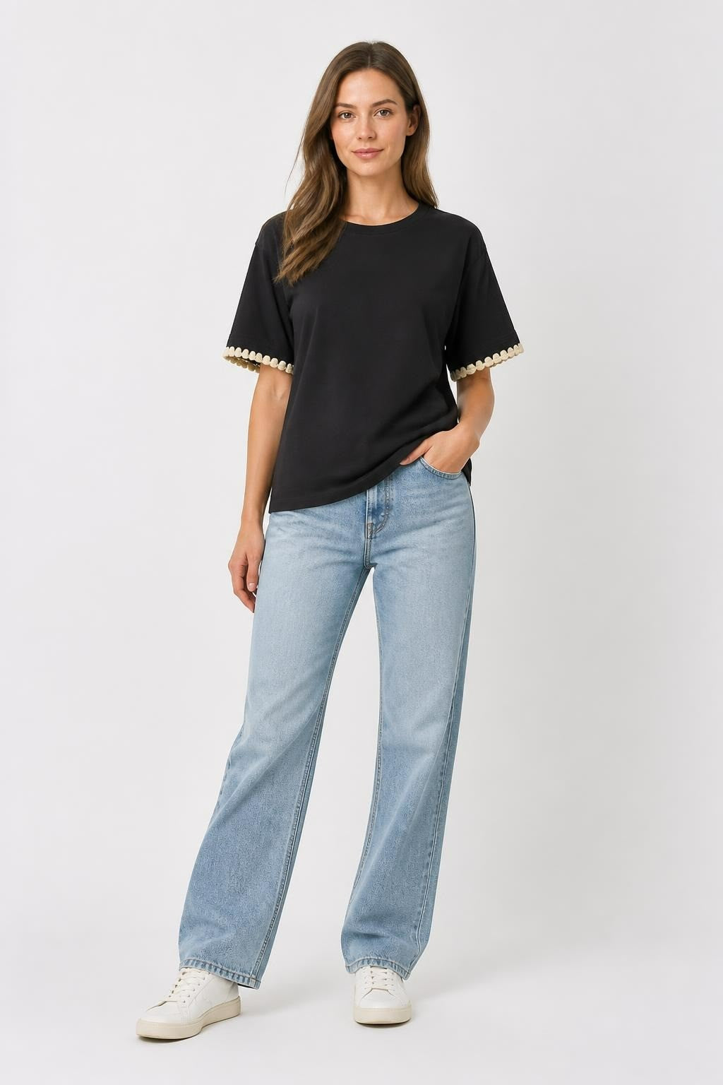 Black Cotton Top With Decorative Trim On Sleeves | Pre-Loved | Why Go Less
