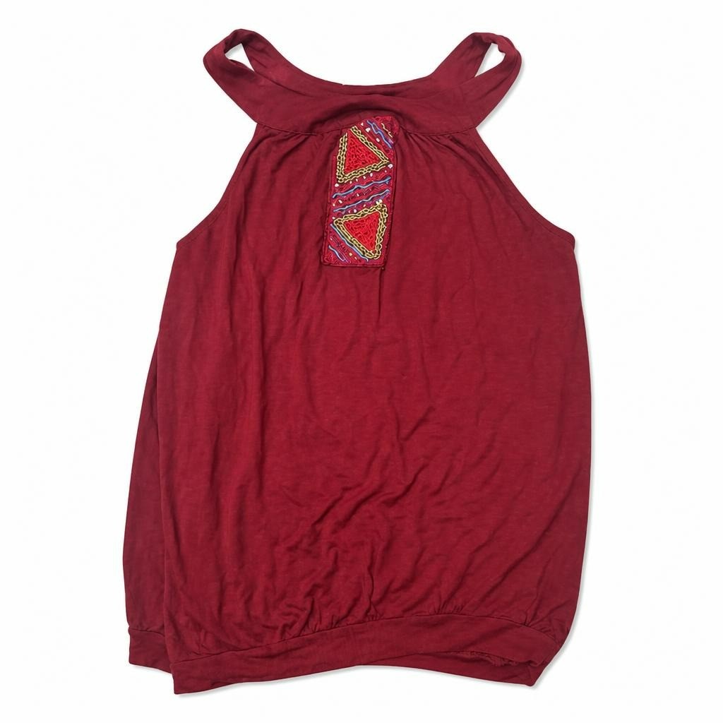 Dark Red Sleeveless Top With Beaded Embroidery Patch | Pre-Loved | Why Go Less