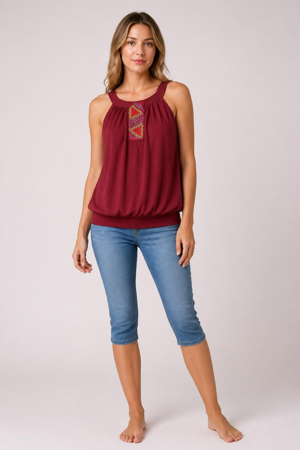 Dark Red Sleeveless Top With Beaded Embroidery Patch | Pre-Loved | Why Go Less-1