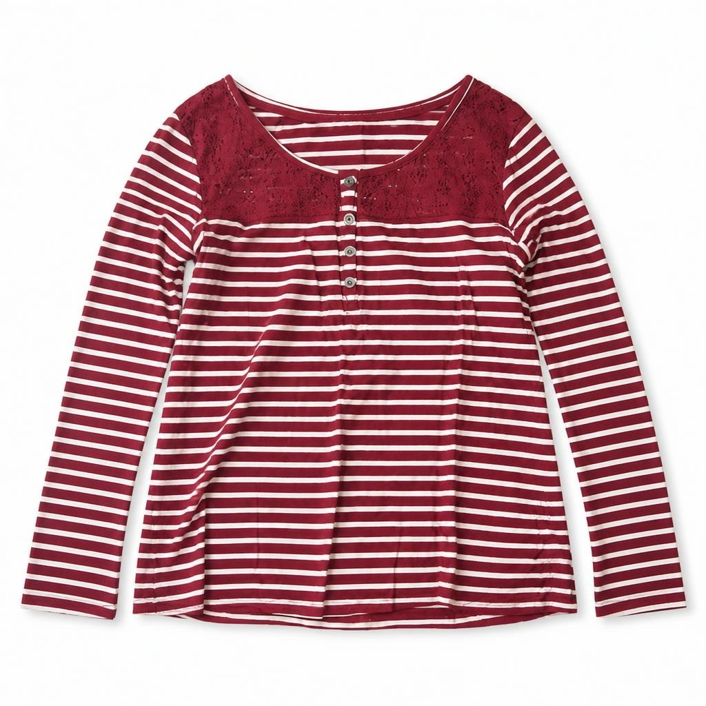 Red White Striped Long-Sleeve Top, Lace Yoke | Pre-Loved | Why Go Less