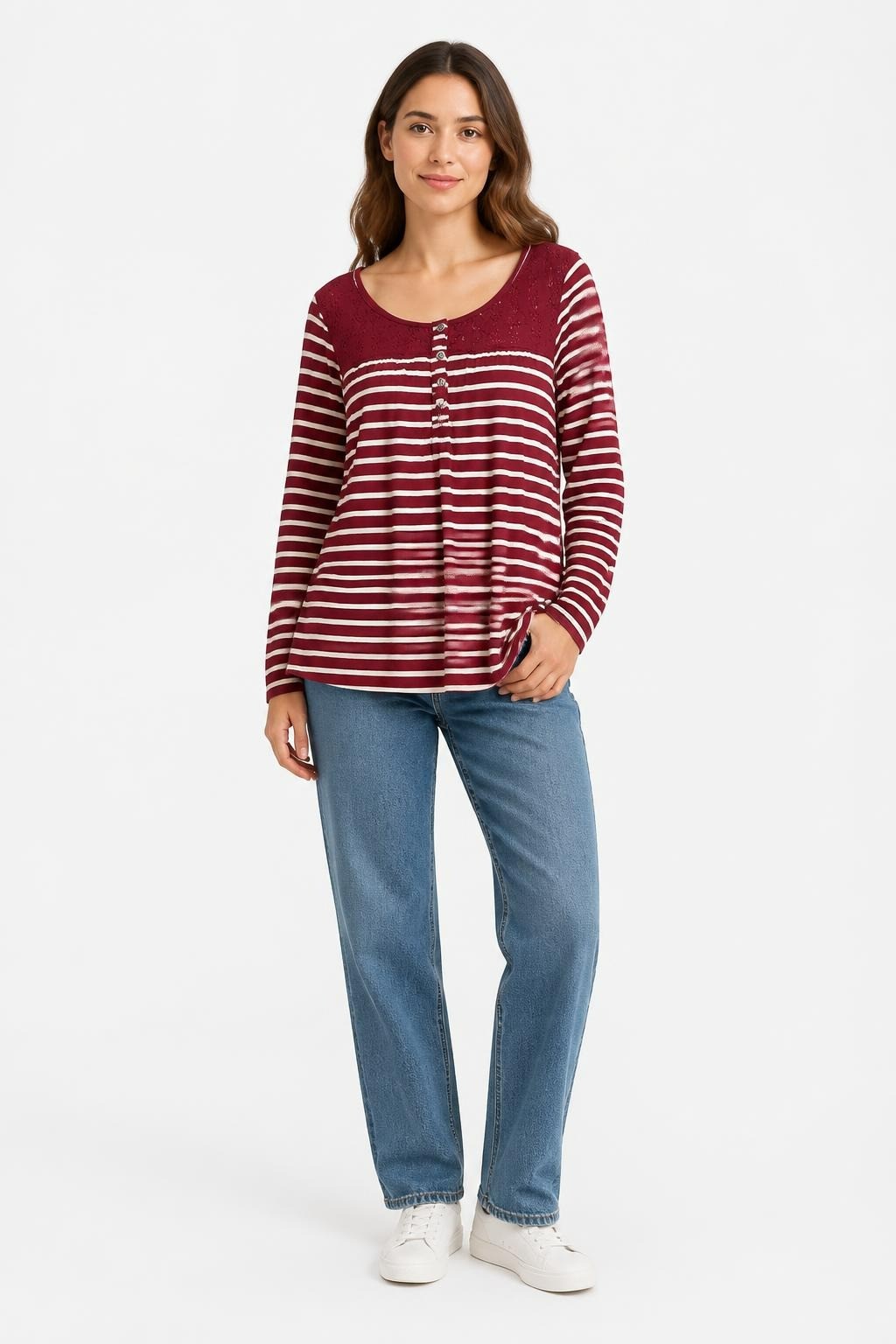 Red White Striped Long-Sleeve Top, Lace Yoke | Pre-Loved | Why Go Less
