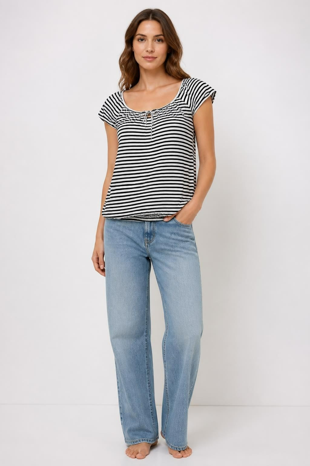 Navy & White Striped Cap-Sleeve Top | Pre-Loved | Why Go Less
