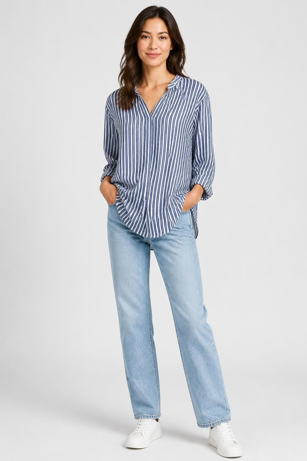 Chemise Boutonnée Rayée Bleue et Blanche, Manches Longues | Occasion | Pourquoi Choisir Moins