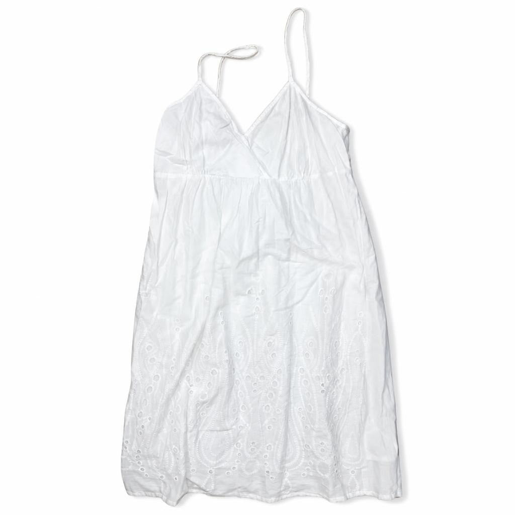 White Eyelet Broderie Wrap Sundress, Spaghetti Strap | Pre-Loved | Why Go Less