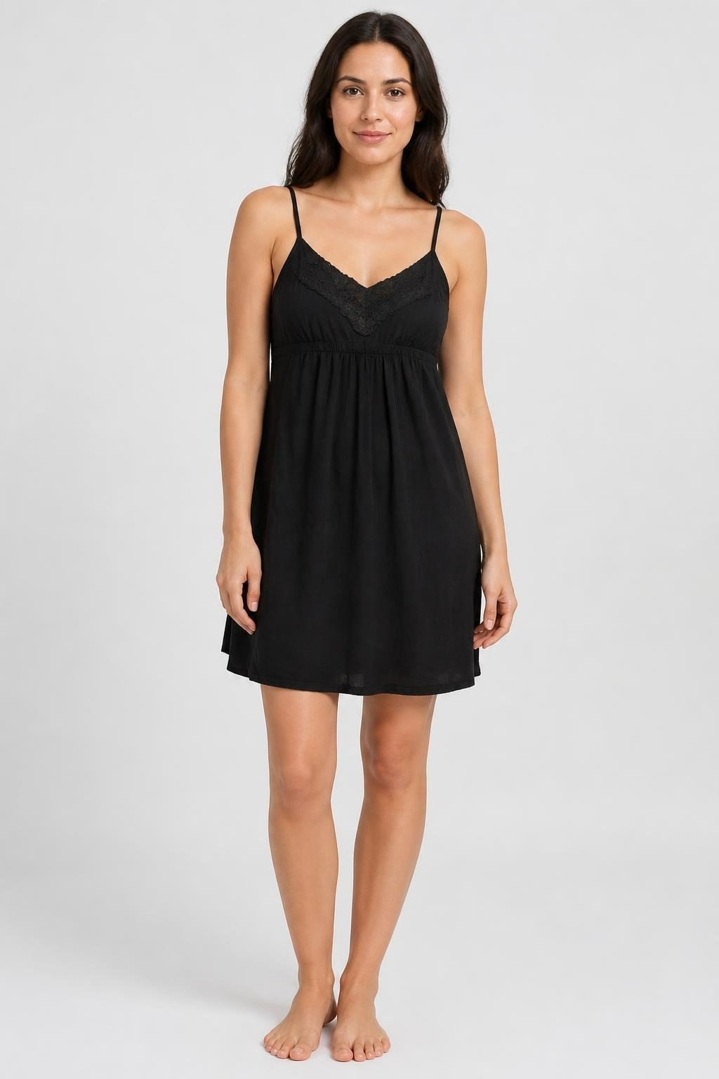 Black Lace Trim Cami Top/Mini Dress, Spaghetti Straps | Pre-Loved | Why Go Less