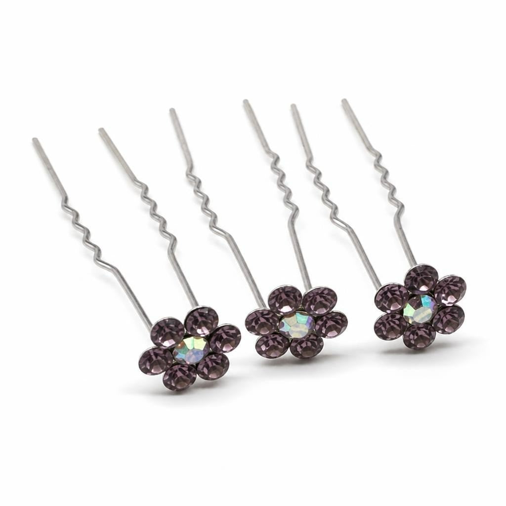 Purple Crystal Flower Hair Pins Set Of 6 | Pre-Loved | Why Go Less