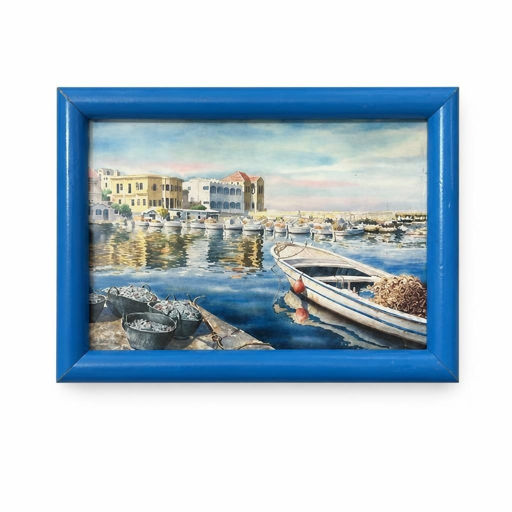 Gravure d'art à l'aquarelle du port libanais encadrée en bleu | D'occasion | Pourquoi se contenter de moins
