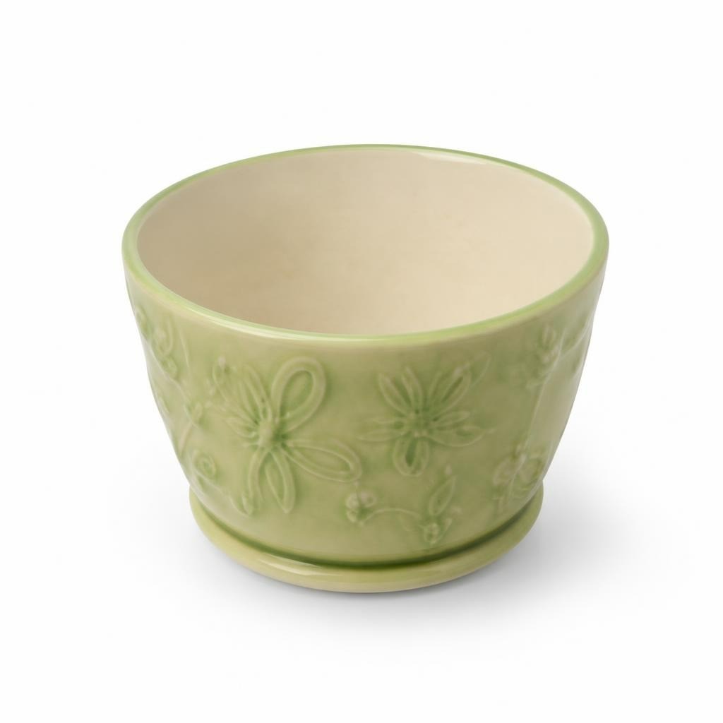Mug en céramique vert, motif floral en relief | Seconde main | Pourquoi faire moins bien