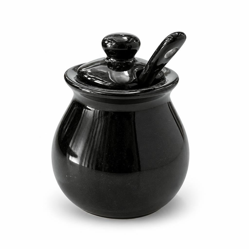 Pot à moutarde en céramique noire Maille avec cuillère | Seconde main | Pourquoi se contenter de moins ?